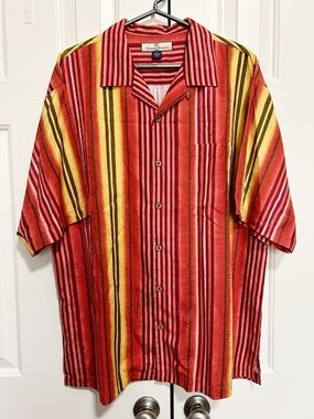 Tommy Bahama Striped Camp Shirt Large 100% Silk Coastal Beach Vacation Resort